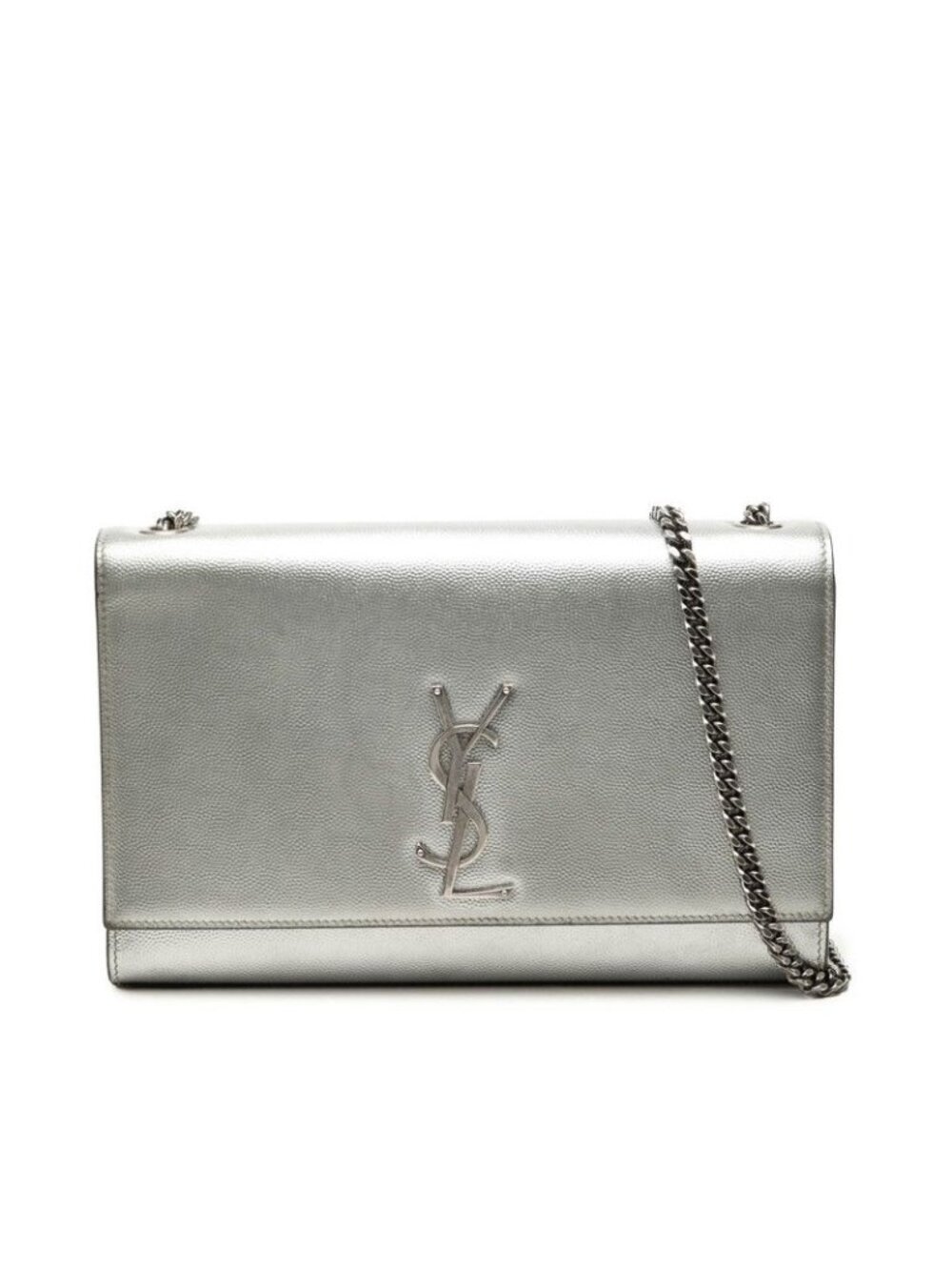 Saint Laurent Cassandra Chic Kate YSL Logo Chain Shoulder Bag Silver Leather